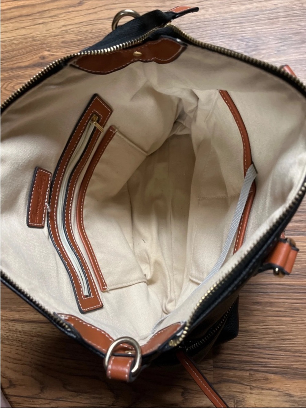 Dooney & Bourke Dillen Double Pocket Satchel in Black w/Caramel Trim - Picture 4 of 7